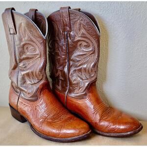 VINTAGE LARRY MAHAN Men's Brown Tan OSTRICH QUILL COWBOY WESTERN BOOTS SIZE 8.5